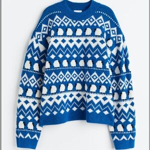 H&M blue and white cute sheep touch of wool jacquard knit sweater NWT